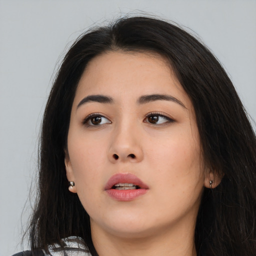 Neutral asian young-adult female with long  brown hair and brown eyes
