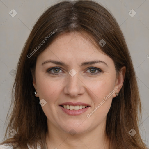 Joyful white young-adult female with long  brown hair and grey eyes