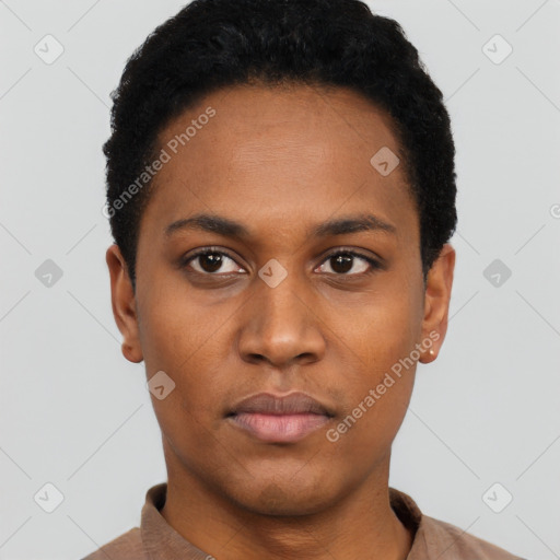 Neutral black young-adult female with short  black hair and brown eyes