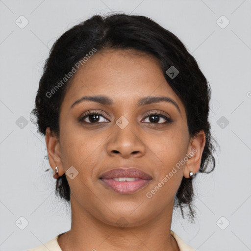 Joyful black young-adult female with medium  brown hair and brown eyes