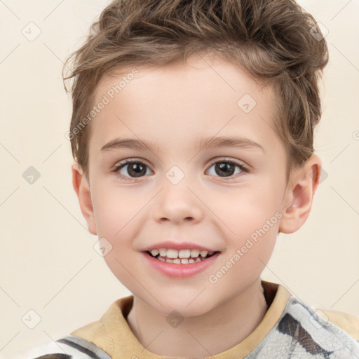 Joyful white child male with short  brown hair and brown eyes