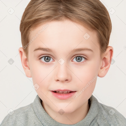 Joyful white child female with short  brown hair and grey eyes