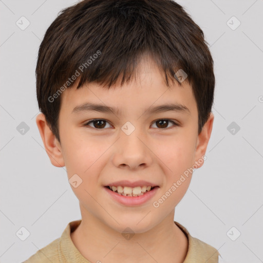 Joyful white child male with short  brown hair and brown eyes