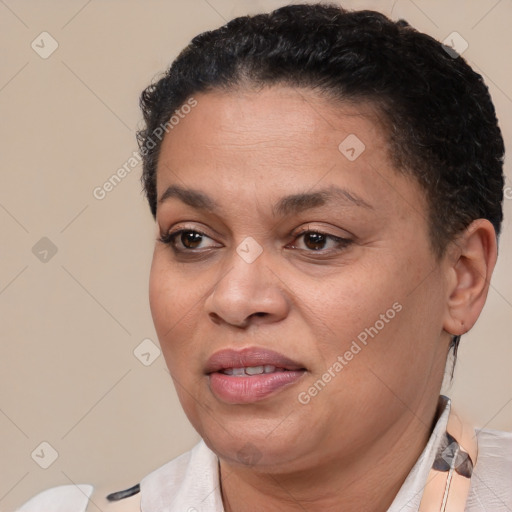 Joyful white adult female with short  brown hair and brown eyes