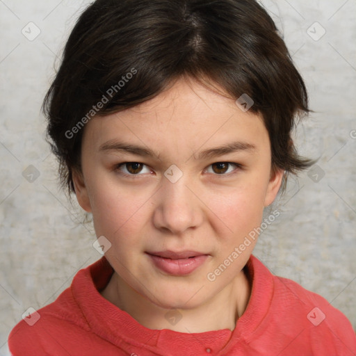 Joyful white child female with medium  brown hair and brown eyes