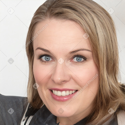 Joyful white young-adult female with medium  brown hair and blue eyes