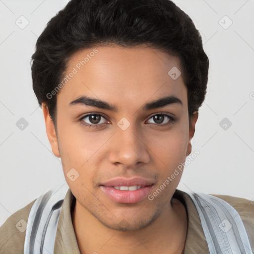 Joyful latino young-adult male with short  brown hair and brown eyes