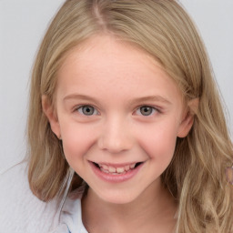 Joyful white child female with medium  brown hair and blue eyes