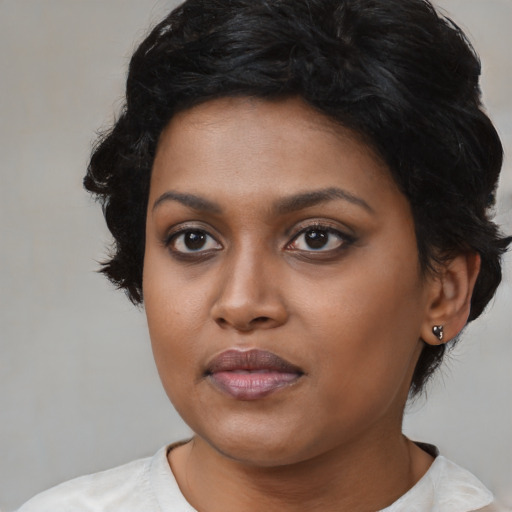 Neutral black young-adult female with medium  black hair and brown eyes