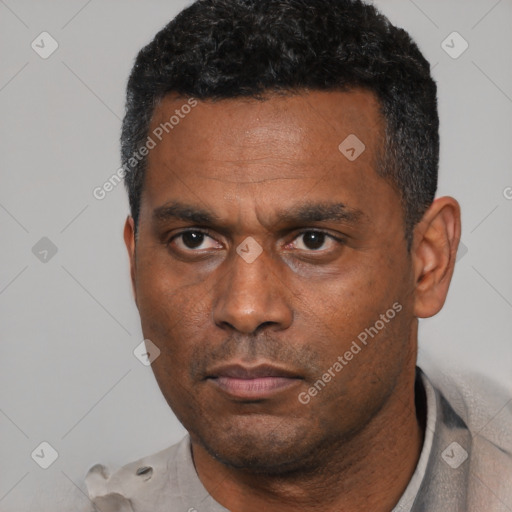 Neutral black adult male with short  black hair and brown eyes