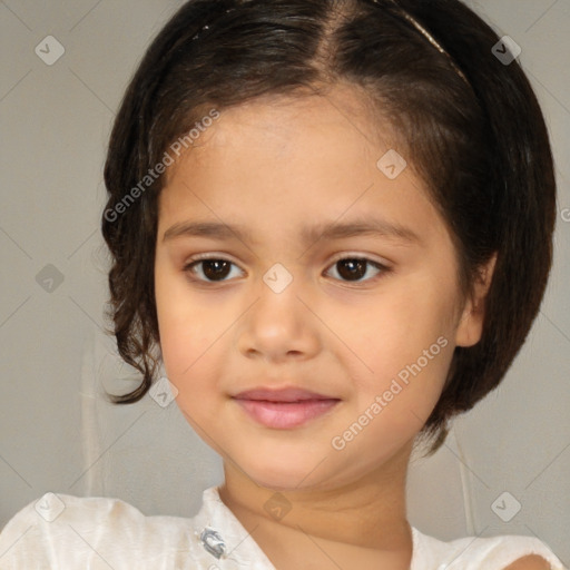 Joyful white child female with medium  brown hair and brown eyes