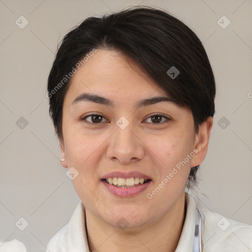 Joyful white young-adult female with medium  brown hair and brown eyes