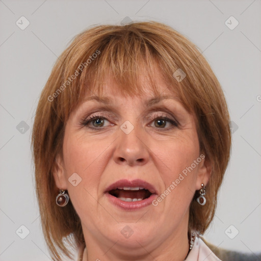 Joyful white adult female with medium  brown hair and grey eyes