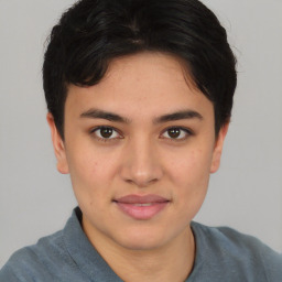 Joyful asian young-adult female with short  brown hair and brown eyes