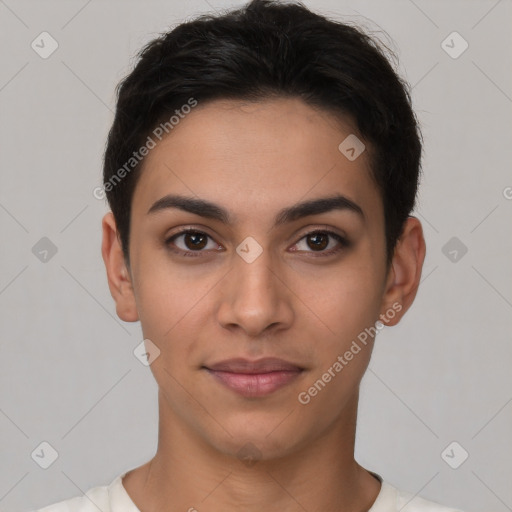 Joyful latino young-adult female with short  brown hair and brown eyes