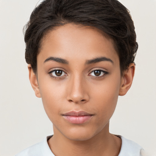 Neutral white young-adult female with short  brown hair and brown eyes