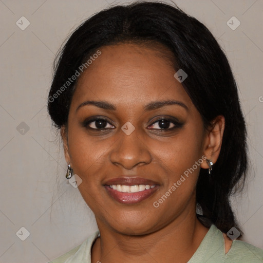 Joyful black young-adult female with medium  black hair and brown eyes