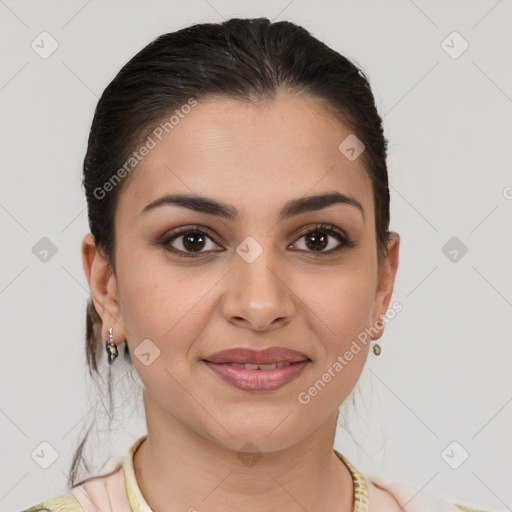 Joyful white young-adult female with medium  brown hair and brown eyes