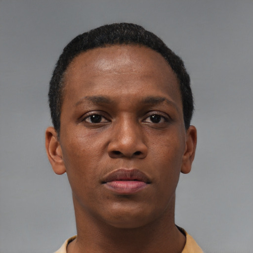 Neutral black young-adult female with short  black hair and brown eyes