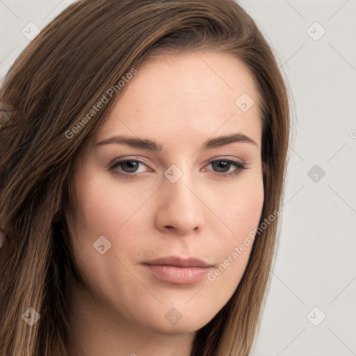 Neutral white young-adult female with long  brown hair and brown eyes