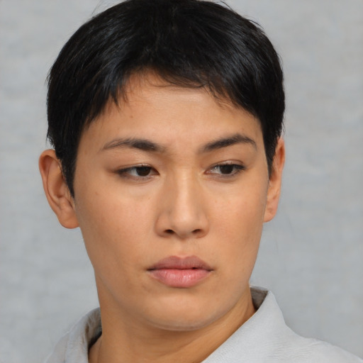 Neutral asian young-adult female with short  brown hair and brown eyes