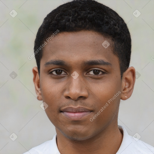 Neutral black young-adult male with short  black hair and brown eyes