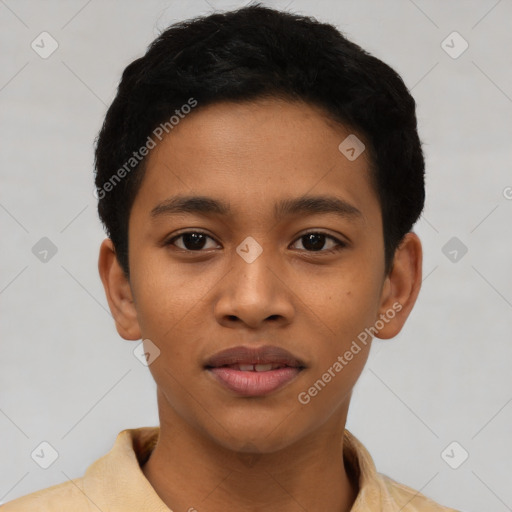 Joyful latino young-adult male with short  black hair and brown eyes