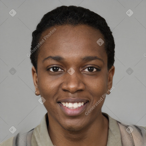 Joyful black young-adult female with short  black hair and brown eyes