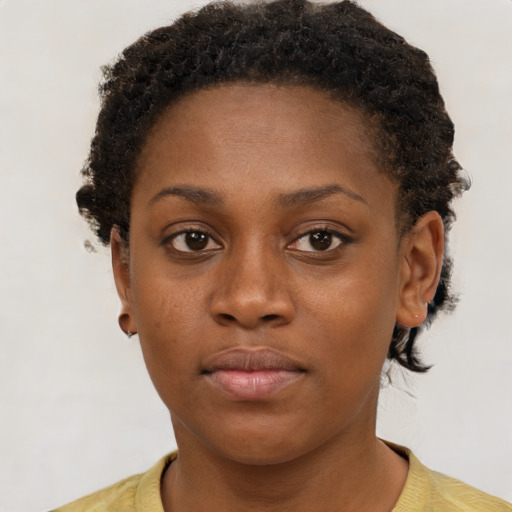 Neutral black young-adult female with short  brown hair and brown eyes