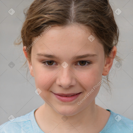 Joyful white child female with medium  brown hair and brown eyes