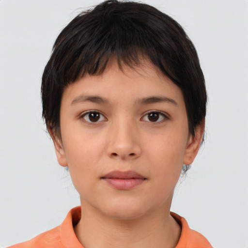 Neutral white young-adult female with short  brown hair and brown eyes