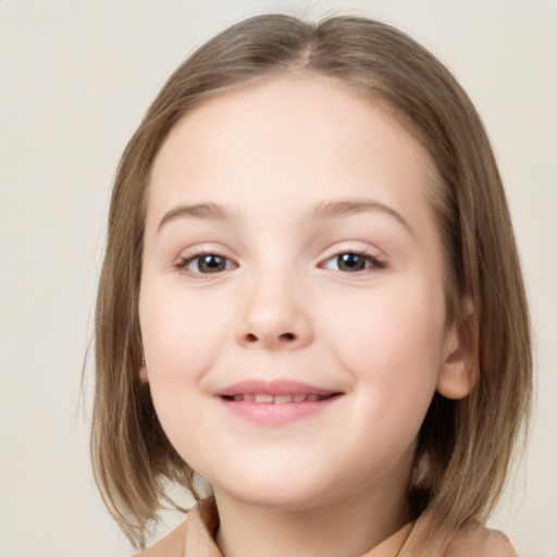 Joyful white child female with medium  brown hair and brown eyes