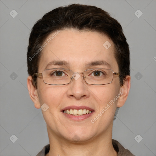 Joyful white adult female with short  brown hair and grey eyes