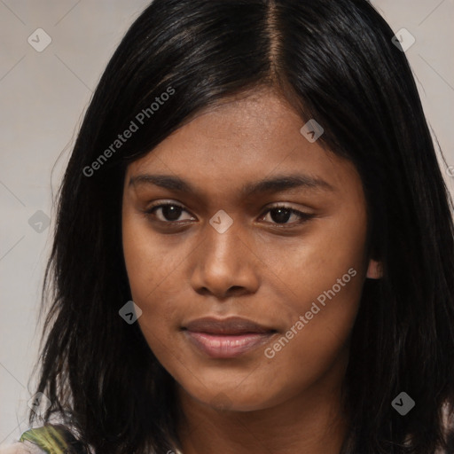 Joyful asian young-adult female with long  brown hair and brown eyes