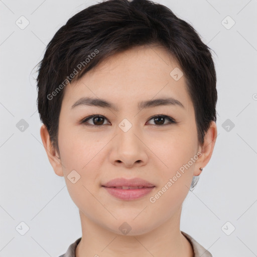 Joyful asian young-adult female with short  brown hair and brown eyes