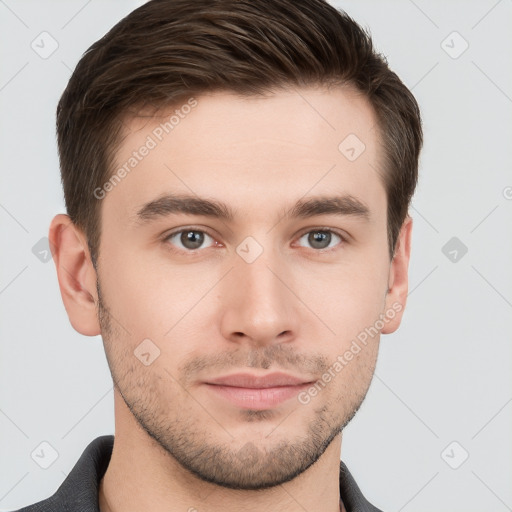 Neutral white young-adult male with short  brown hair and brown eyes