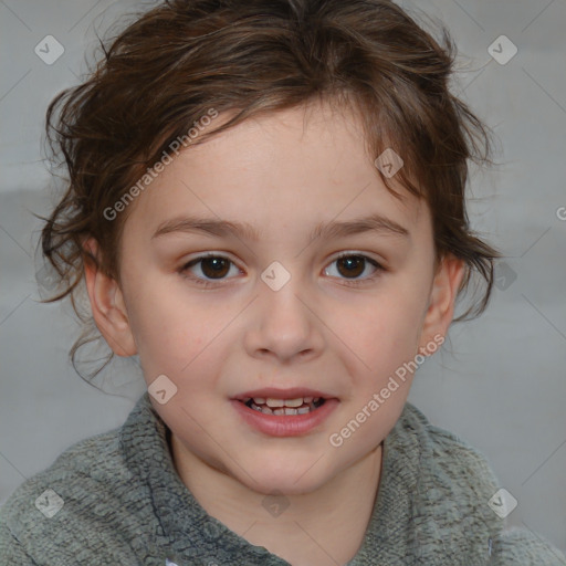 Joyful white child female with medium  brown hair and brown eyes