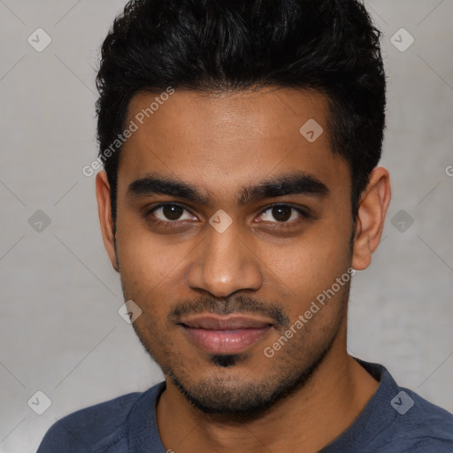 Joyful latino young-adult male with short  black hair and brown eyes