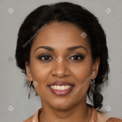 Joyful black young-adult female with medium  brown hair and brown eyes