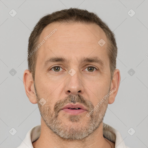 Neutral white adult male with short  brown hair and brown eyes