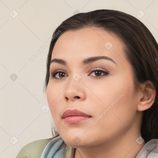 Neutral white young-adult female with medium  brown hair and brown eyes