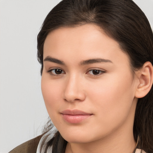 Neutral white young-adult female with long  brown hair and brown eyes