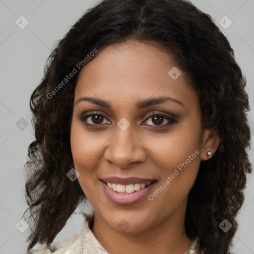 Joyful black young-adult female with medium  brown hair and brown eyes