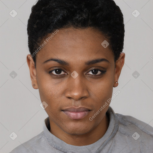 Neutral black young-adult female with short  black hair and brown eyes