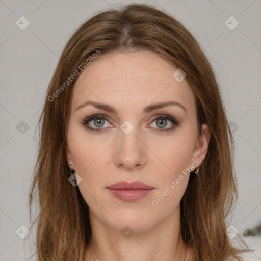 Neutral white young-adult female with medium  brown hair and brown eyes