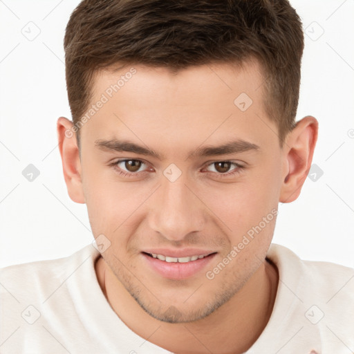 Joyful white young-adult male with short  brown hair and brown eyes