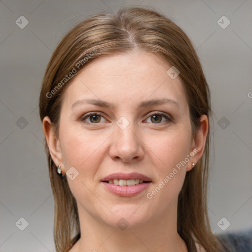 Joyful white young-adult female with medium  brown hair and grey eyes