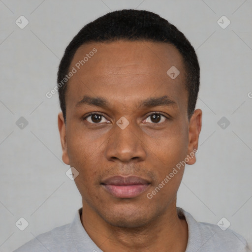 Neutral black young-adult male with short  black hair and brown eyes