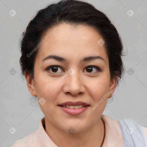 Joyful latino young-adult female with short  brown hair and brown eyes