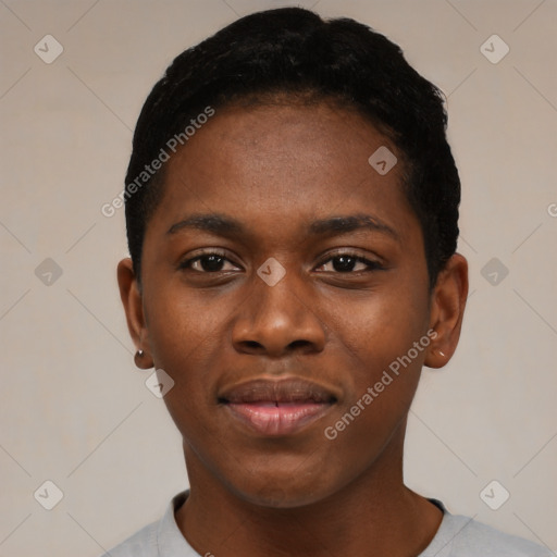 Joyful black young-adult female with short  black hair and brown eyes